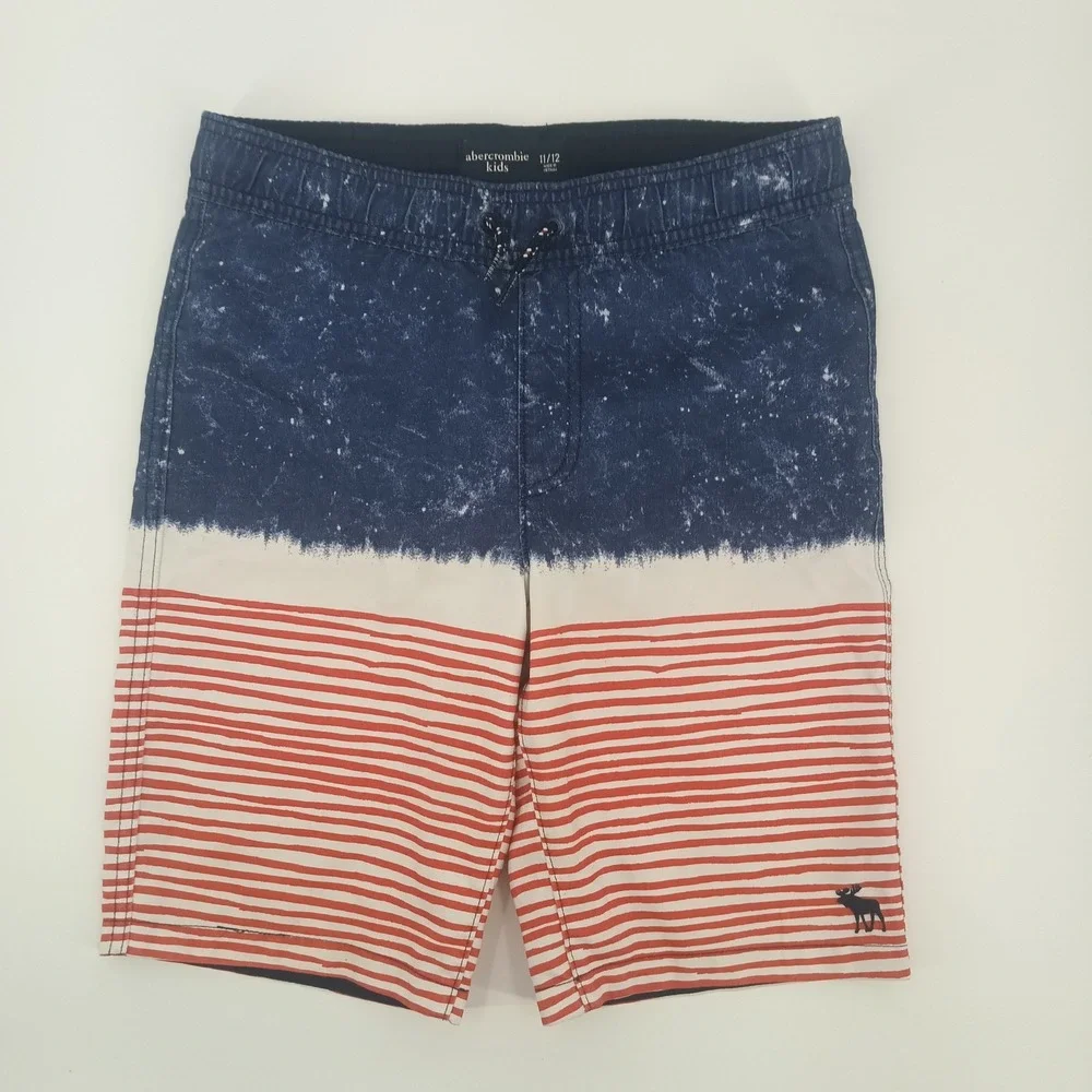 Abercrombie Kids Boys Swim Trunks 11/12 Americana Flag Striped Board Shorts Blue